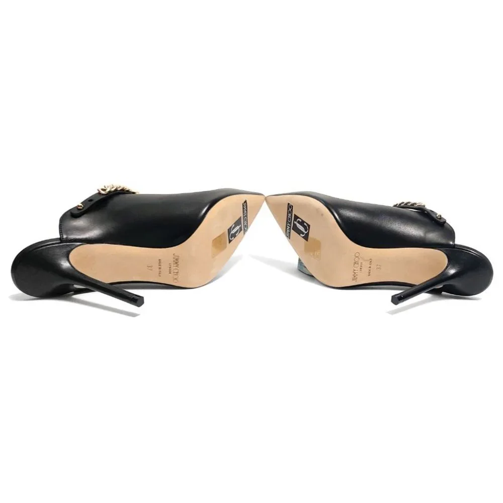Jimmy Choo Lexx 100 Black Leather Gold Color Chain EU 37 US 7 Mules - Picture 7 of 12